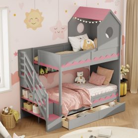 Twin Over Twin Bunk Bed With House Roof, Drawer, Staircase and LED