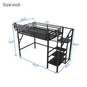 Metal Full Size Loft Bed With Stairs, Light And Storage