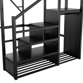 Metal Full Size Loft Bed With Stairs, Storage Shelves and Wardrobe