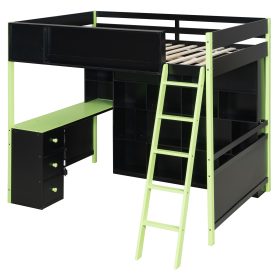 Full Size Wood Loft Bed with Desk, Ample Storage Space and Light