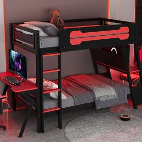 Twin Size Bunk Bed with Two Built-In Gaming Desks, USB Desktop Ports & Pegboard Organizer