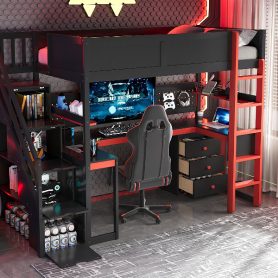 Twin Size Wooden Gaming Loft Bed with Storage Stairs, Desk, Shelves & Pegboard 49 Twin Size Wooden Gaming Loft Bed with Storage Stairs, Desk, Shelves & Pegboard