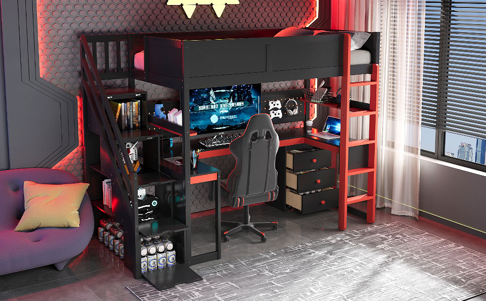 Twin Size Wooden Gaming Loft Bed with Storage Stairs, Desk, Shelves & Pegboard 26 Twin Size Wooden Gaming Loft Bed with Storage Stairs, Desk, Shelves & Pegboard