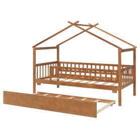 Wooden Twin Size House Bed With Twin Size Trundle