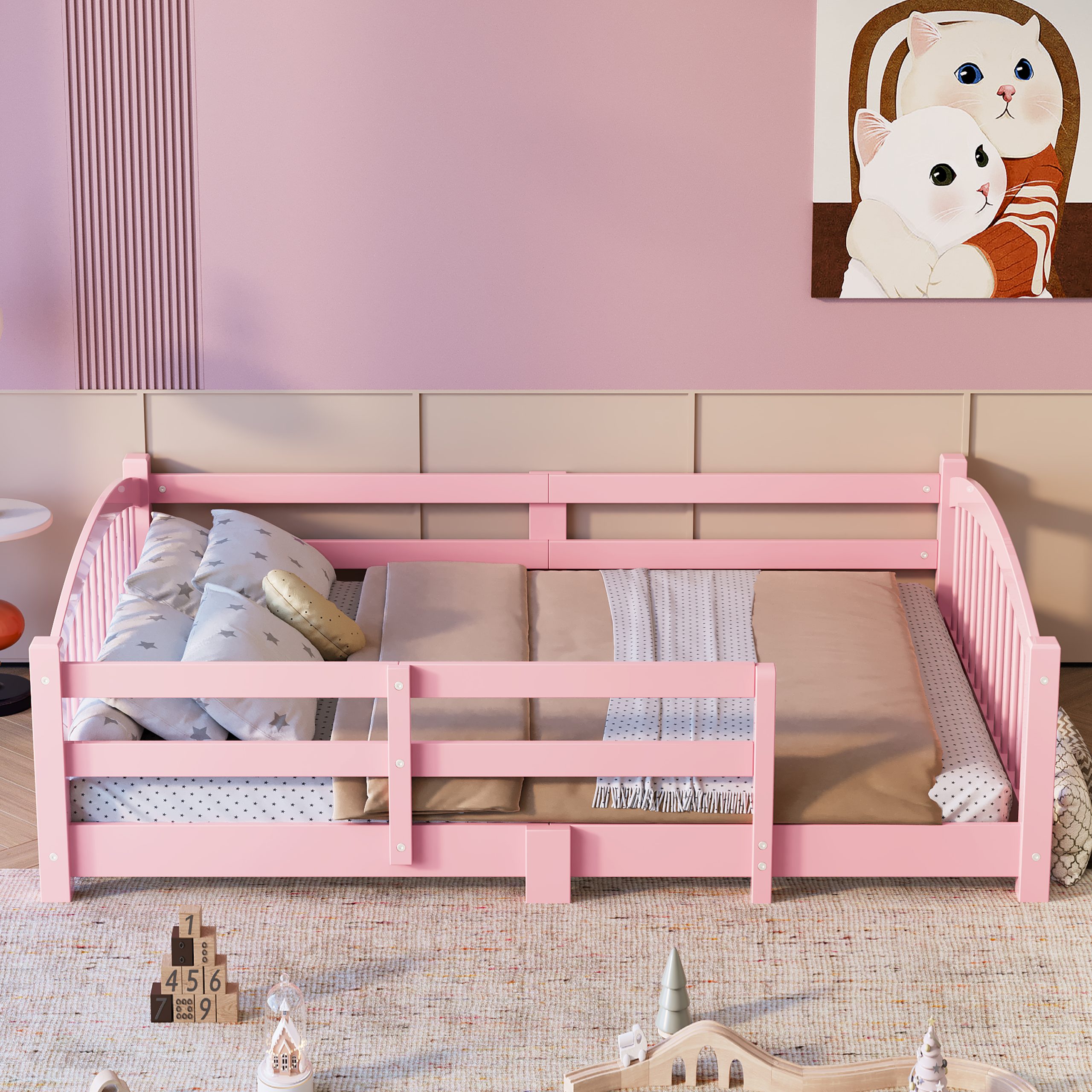 Full Montessori Floor Bed with Slats and Safety Guardrails
