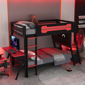 Twin Size Bunk Bed with Two Built-In Gaming Desks, USB Desktop Ports & Pegboard Organizer