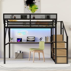 Queen Size Metal Loft Bed with Desk, Charging Station, Stairs and Light 26 Queen Size Metal Loft Bed with Desk, Charging Station, Stairs and Light