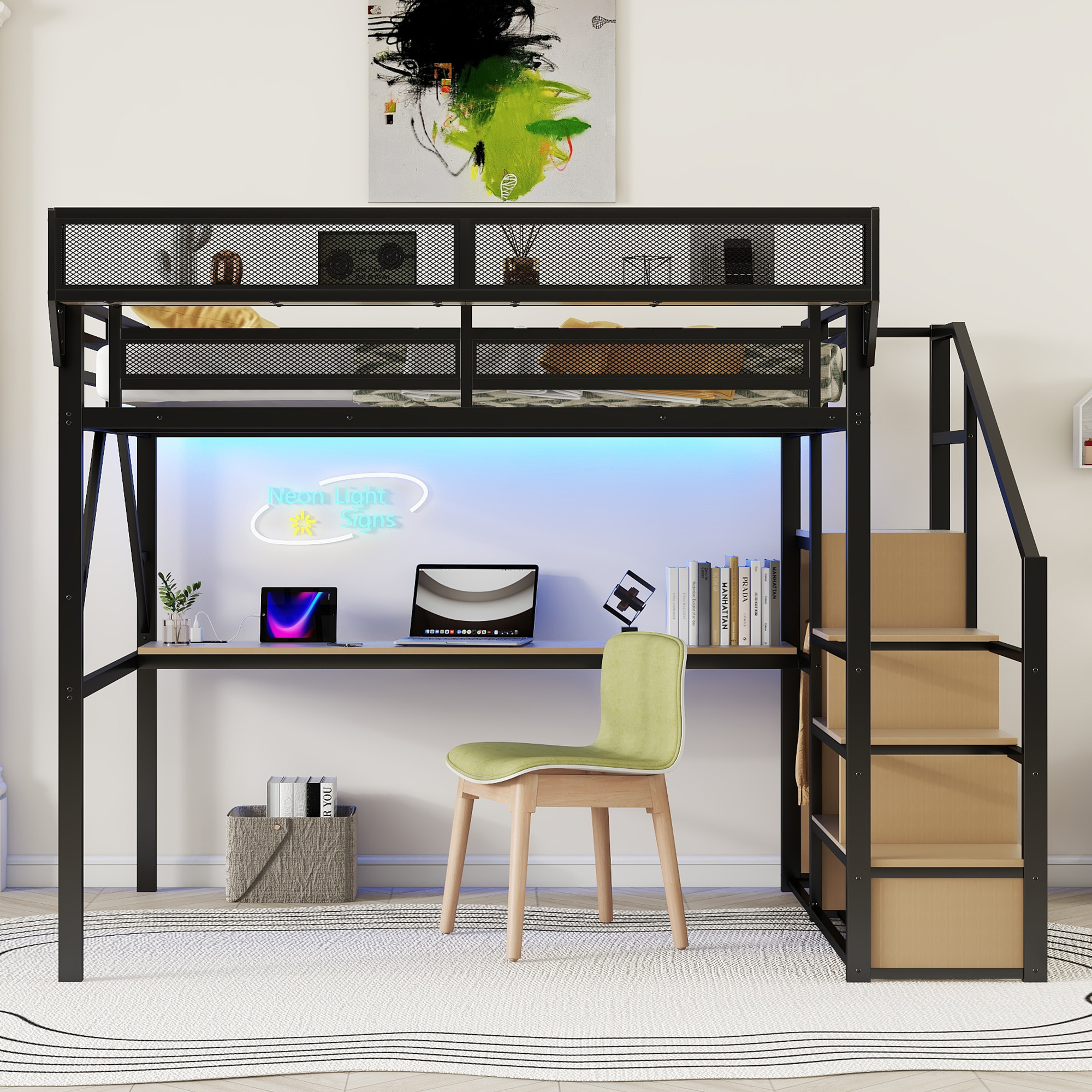 Queen Size Metal Loft Bed with Desk, Charging Station, Stairs and Light 7 Queen Size Metal Loft Bed with Desk, Charging Station, Stairs and Light