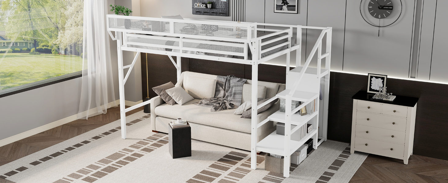Metal Twin Xl Size Loft Bed With Stairs, Storage Shelves and Wardrobe 19 Metal Twin Xl Size Loft Bed With Stairs, Storage Shelves and Wardrobe