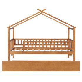 Wooden Twin Size House Bed With Twin Size Trundle