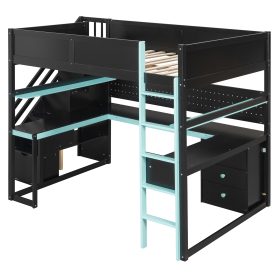 Full Size Wooden Gaming Loft Bed with Storage Stairs, Desk, Shelves & Pegboard