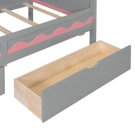 Twin Over Twin Bunk Bed With House Roof, Drawer, Staircase and LED