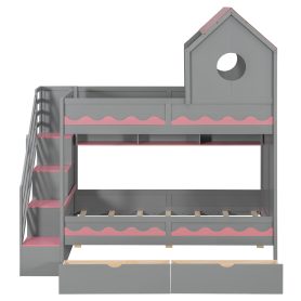 Twin Over Twin Bunk Bed With House Roof, Drawer, Staircase and LED