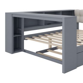 Wood Full Size Platform Bed with Storage Shelves, Trundle, Charging Station and Upholstered Headboard