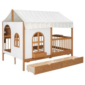 Full Size House Bed with 2 Large Drawers, Side Bookshelf with LED Strip