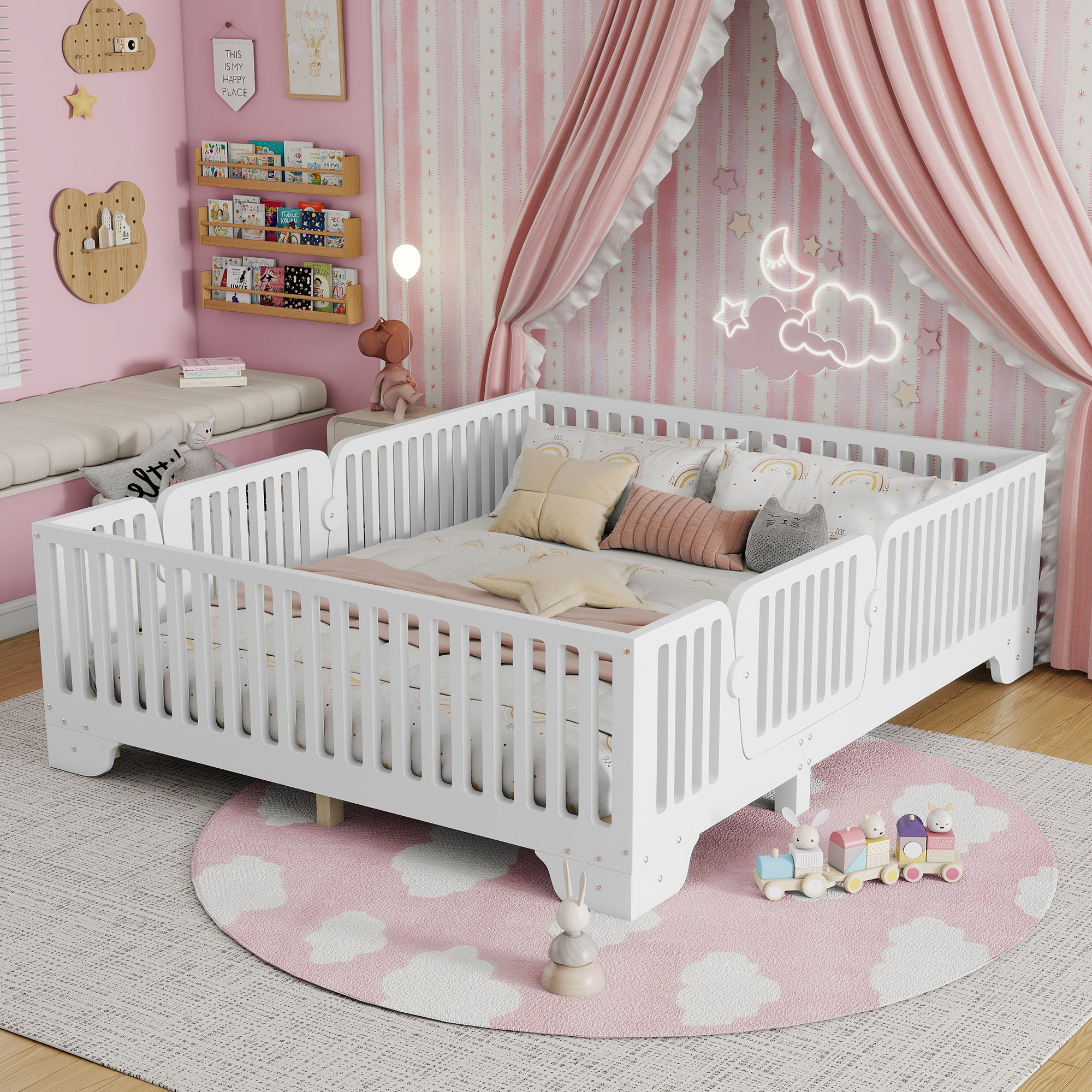 Full Floor Bed with Slats and Fence 3 Full Floor Bed with Slats and Fence