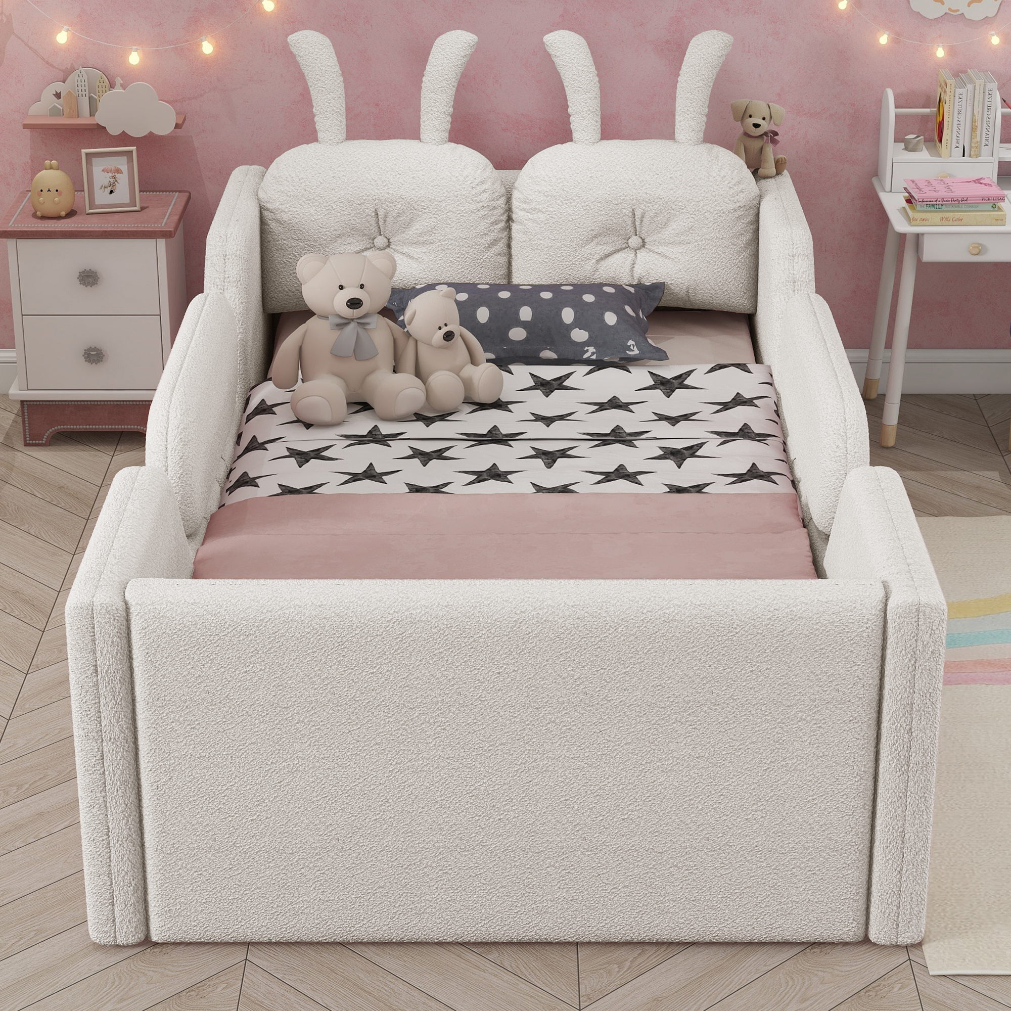 Twin Size Upholstered Platform Bed with Rabbit Cushion 4 Twin Size Upholstered Platform Bed with Rabbit Cushion