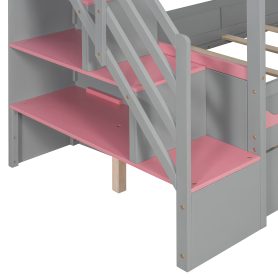 Twin Over Twin Bunk Bed With House Roof, Drawer, Staircase and LED