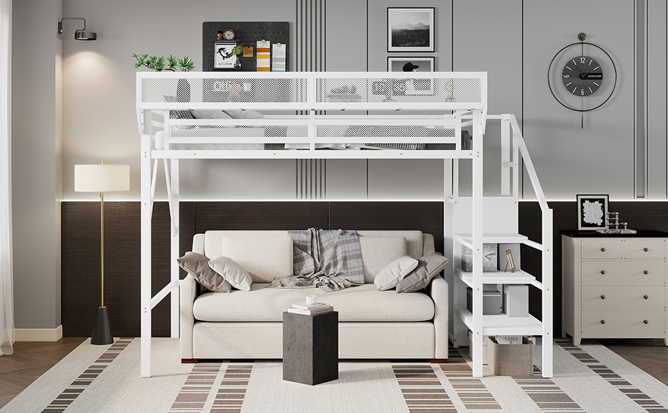 Metal Twin Xl Size Loft Bed With Stairs, Storage Shelves and Wardrobe 15 Metal Twin Xl Size Loft Bed With Stairs, Storage Shelves and Wardrobe