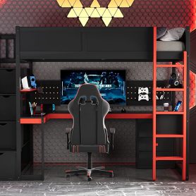 Twin Size Wooden Gaming Loft Bed with Storage Stairs, Desk, Shelves & Pegboard 48 Twin Size Wooden Gaming Loft Bed with Storage Stairs, Desk, Shelves & Pegboard