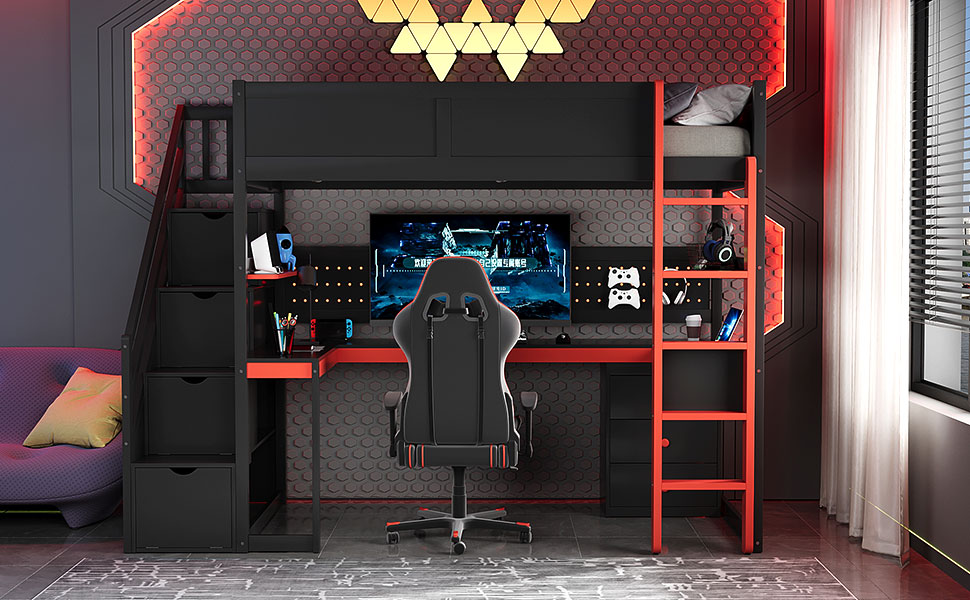 Twin Size Wooden Gaming Loft Bed with Storage Stairs, Desk, Shelves & Pegboard 25 Twin Size Wooden Gaming Loft Bed with Storage Stairs, Desk, Shelves & Pegboard