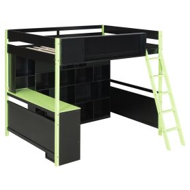 Full Size Wood Loft Bed with Desk, Ample Storage Space and Light