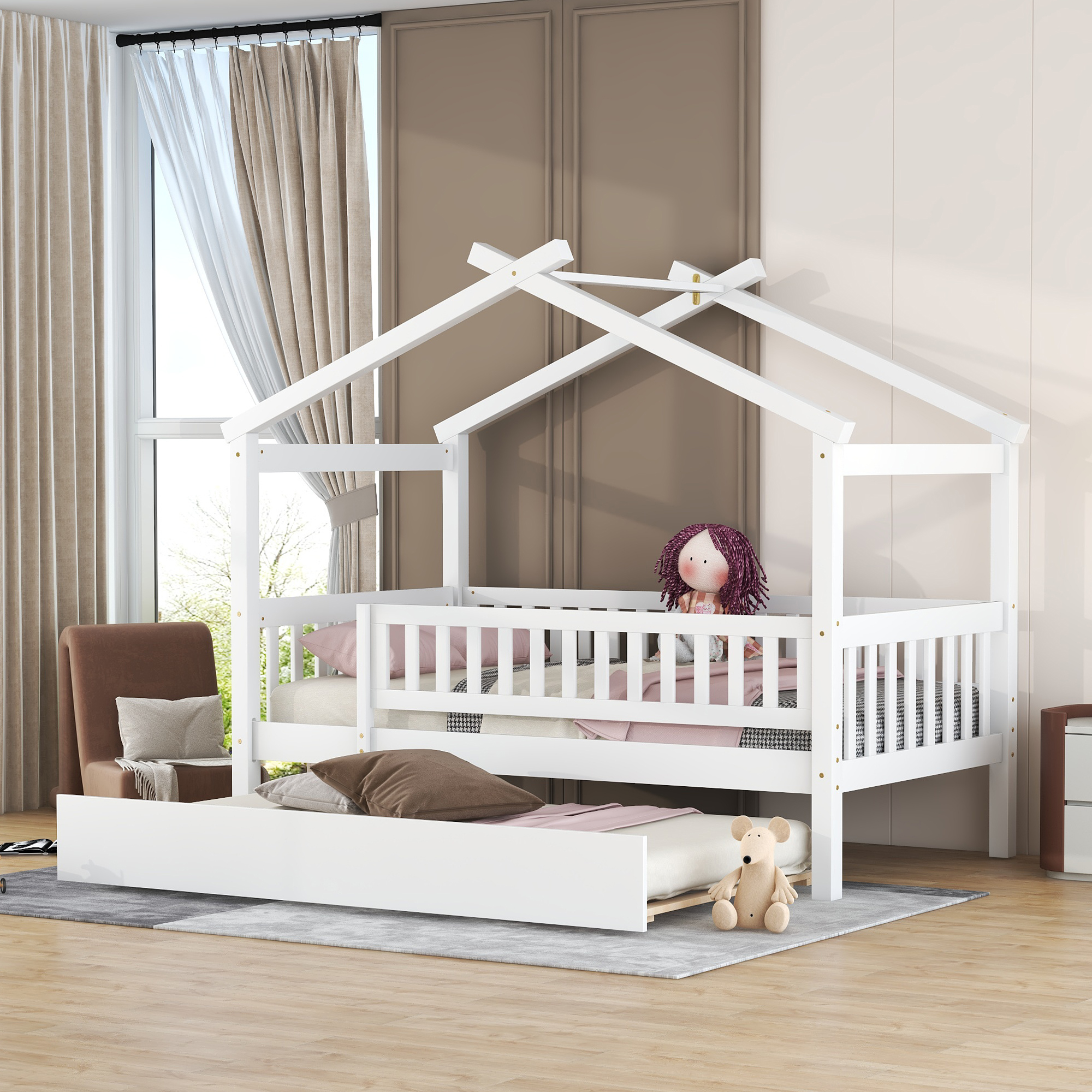 Wooden Twin Size House Bed With Twin Size Trundle