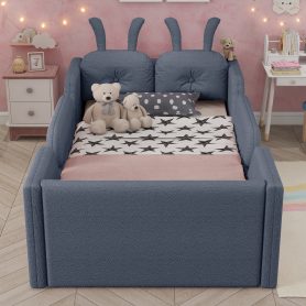 Twin Size Upholstered Platform Bed with Rabbit Cushion