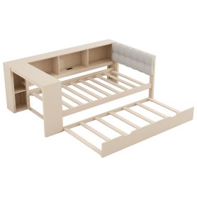 Wood Twin Size Platform Bed With Storage Shelves, Trundle, Charging Station And Upholstered Headboard
