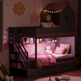 Twin Over Twin Bunk Bed With House Roof, Drawer, Staircase and LED