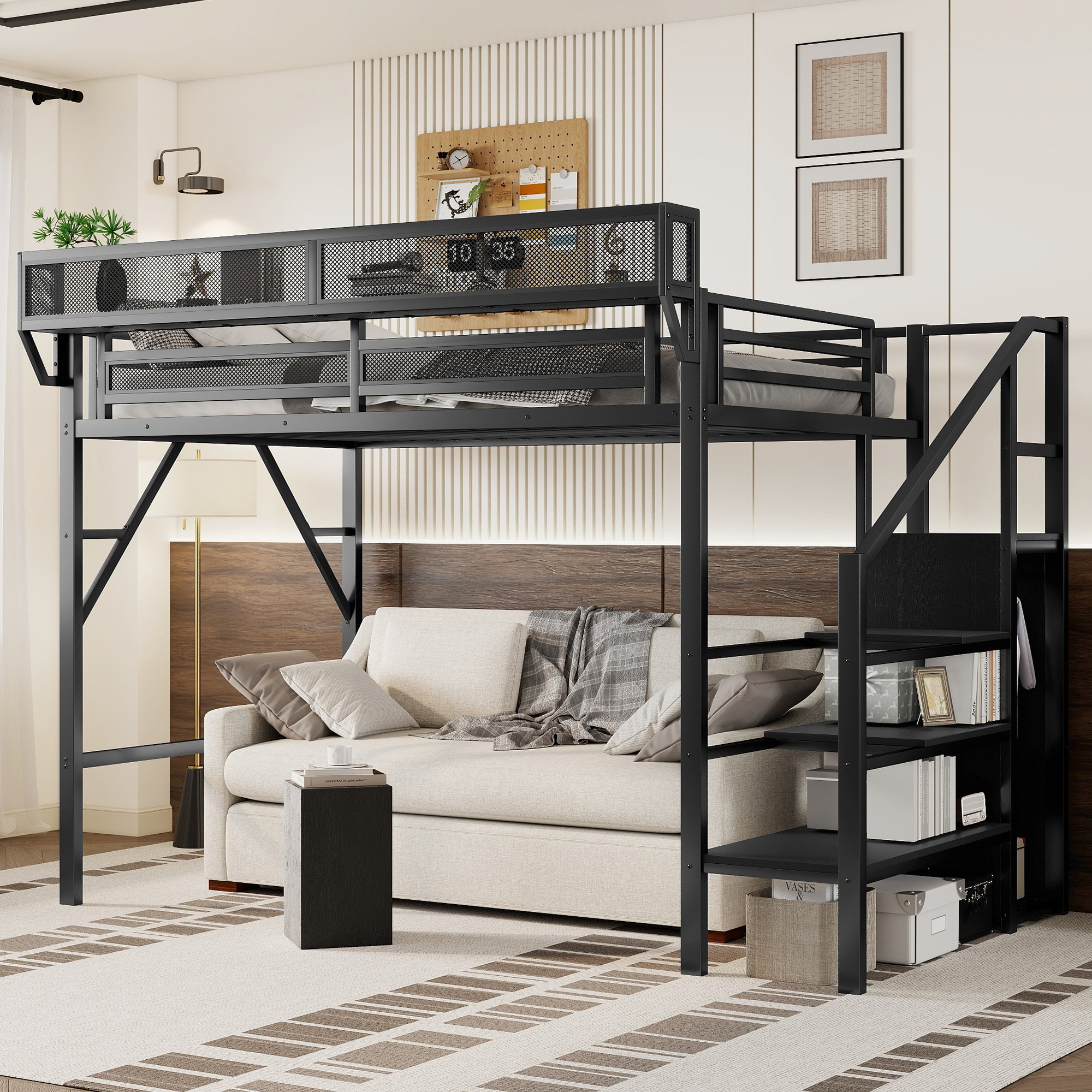 Metal Twin Xl Size Loft Bed With Stairs, Storage Shelves and Wardrobe