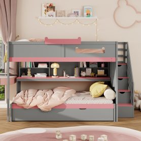 Full Over Full Bunk Bed With Twin Size Trundle, Staircase, Shelves and LED