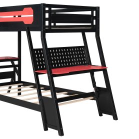 Twin Size Bunk Bed with Two Built-In Gaming Desks, USB Desktop Ports & Pegboard Organizer