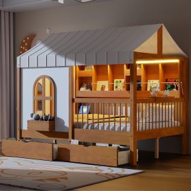 Full Size House Bed with 2 Large Drawers, Side Bookshelf with LED Strip