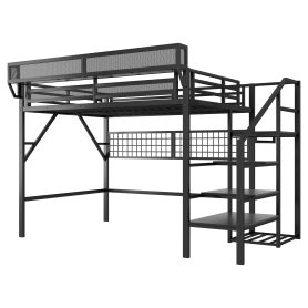 Metal Queen Size Loft Bed With Stairs, Light And Storage