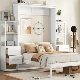 Full Size Murphy Bed Wall Bed With Shelves, Drawers And LED Lights 37 Full Size Murphy Bed Wall Bed With Shelves, Drawers And LED Lights