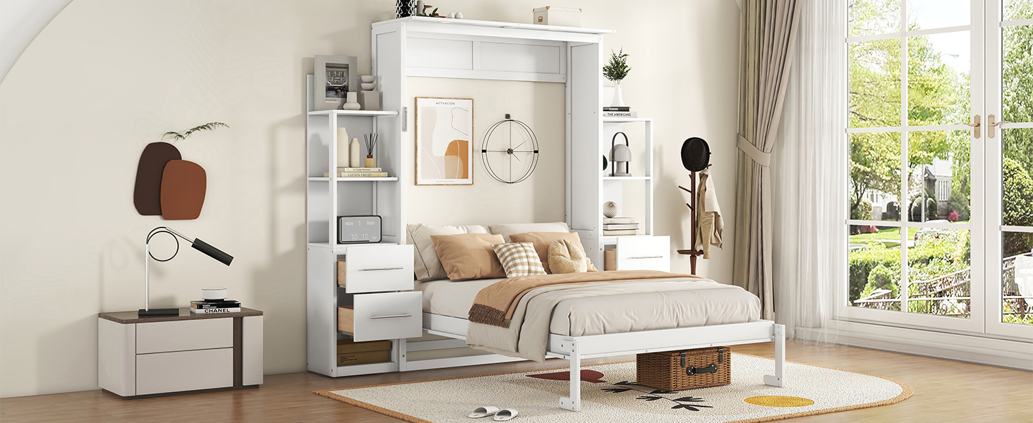 Full Size Murphy Bed Wall Bed With Shelves, Drawers And LED Lights 11 Full Size Murphy Bed Wall Bed With Shelves, Drawers And LED Lights