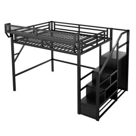 Metal Full Size Loft Bed With Stairs, Storage Shelves and Wardrobe