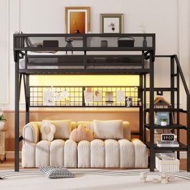 Metal Full Size Loft Bed With Stairs, Light And Storage