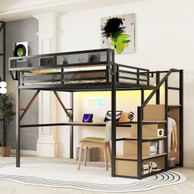 Queen Size Metal Loft Bed with Desk, Charging Station, Stairs and Light
