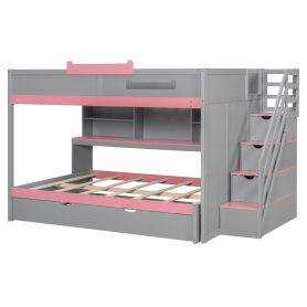 Full Over Full Bunk Bed With Twin Size Trundle, Staircase, Shelves and LED