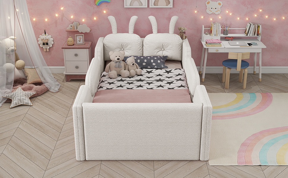 Twin Size Upholstered Platform Bed with Rabbit Cushion 14 Twin Size Upholstered Platform Bed with Rabbit Cushion