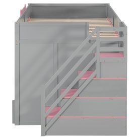 Full Over Full Bunk Bed With Twin Size Trundle, Staircase, Shelves and LED