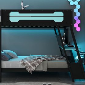 Full Size Bunk Bed with Two Built-In Gaming Desks, USB Desktop Ports & Pegboard Organizer
