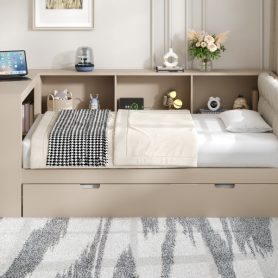 Wood Twin Size Platform Bed With Storage Shelves, Trundle, Charging Station And Upholstered Headboard