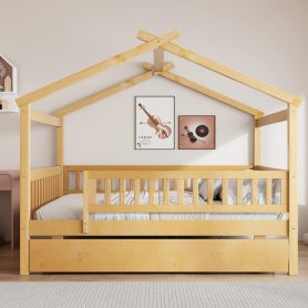 Full Size Wooden House Bed with Twin Size Trundle