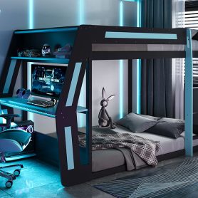 Full-Size Gaming Bunk Bed with Oversized RGB Desk, USB Charging Ports & Cable Grommet, LED Light Strip