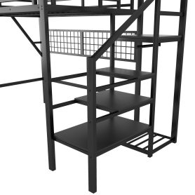 Metal Full Size Loft Bed With Stairs, Light And Storage