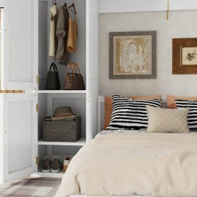 Queen Size Wood Murphy Bed With Wardrobe, Desk, Gas Struts and Charging Station