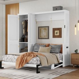 Queen Size Wood Murphy Bed With Wardrobe, Desk, Gas Struts and Charging Station